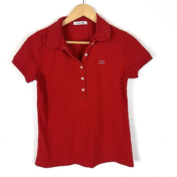 Lacoste Polo Shirt Women 38 US 6 Red Pullover Golf Stretch Crocodile Rugby Y2K - Picture 1 of 7